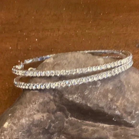 Two Pair Silver Hoop with Rhinestones Earrings, BLING 2.5” & 2.75” - Picture 6 of 7